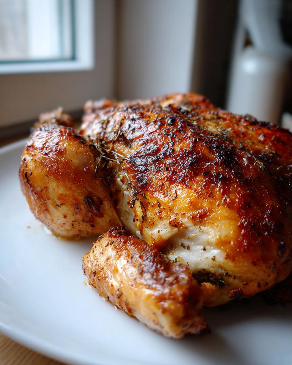 Close-up van een perfect gegaarde Roasted Spatchcock Chicken met een glanzende, krokante huid op een wit bord.