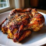 Een perfect gegaarde, malse Roasted Spatchcock Kip met een diepbruin, gekruid vel op een wit bord.