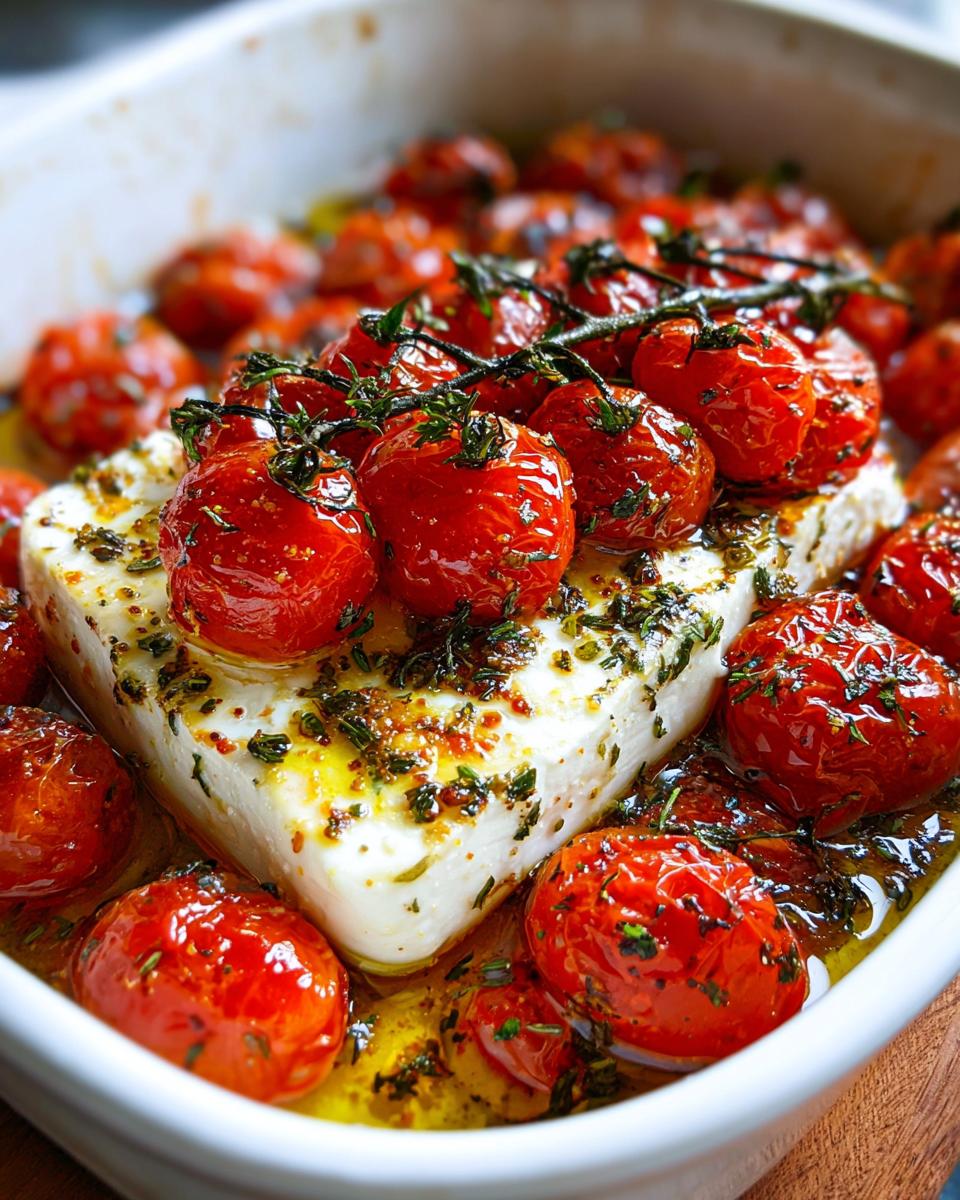 Gerecht met een blok gebakken feta omringd door geroosterde kerstomaatjes, besprenkeld met kruiden en olie.