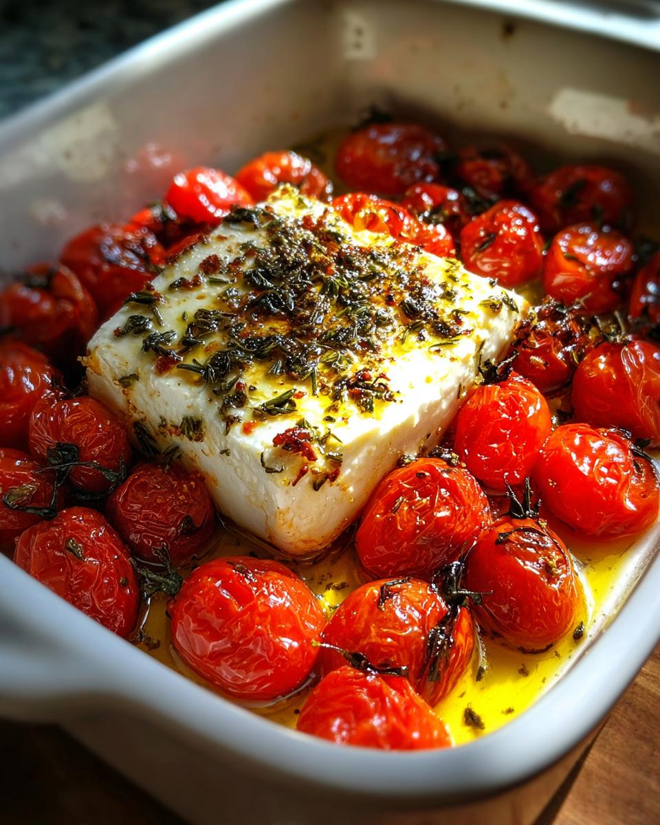 Blok feta omringd door geroosterde cherrytomaten in een ovenschaal, klaar voor Mediterranean Baked Feta.