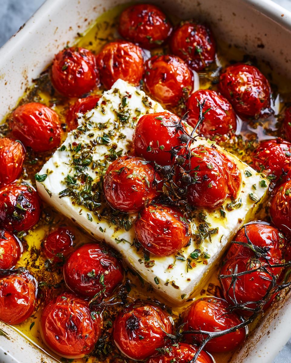Een blok feta omringd door geroosterde cherrytomaten in olijfolie, gekruid met kruiden voor Mediterranean Baked Feta.