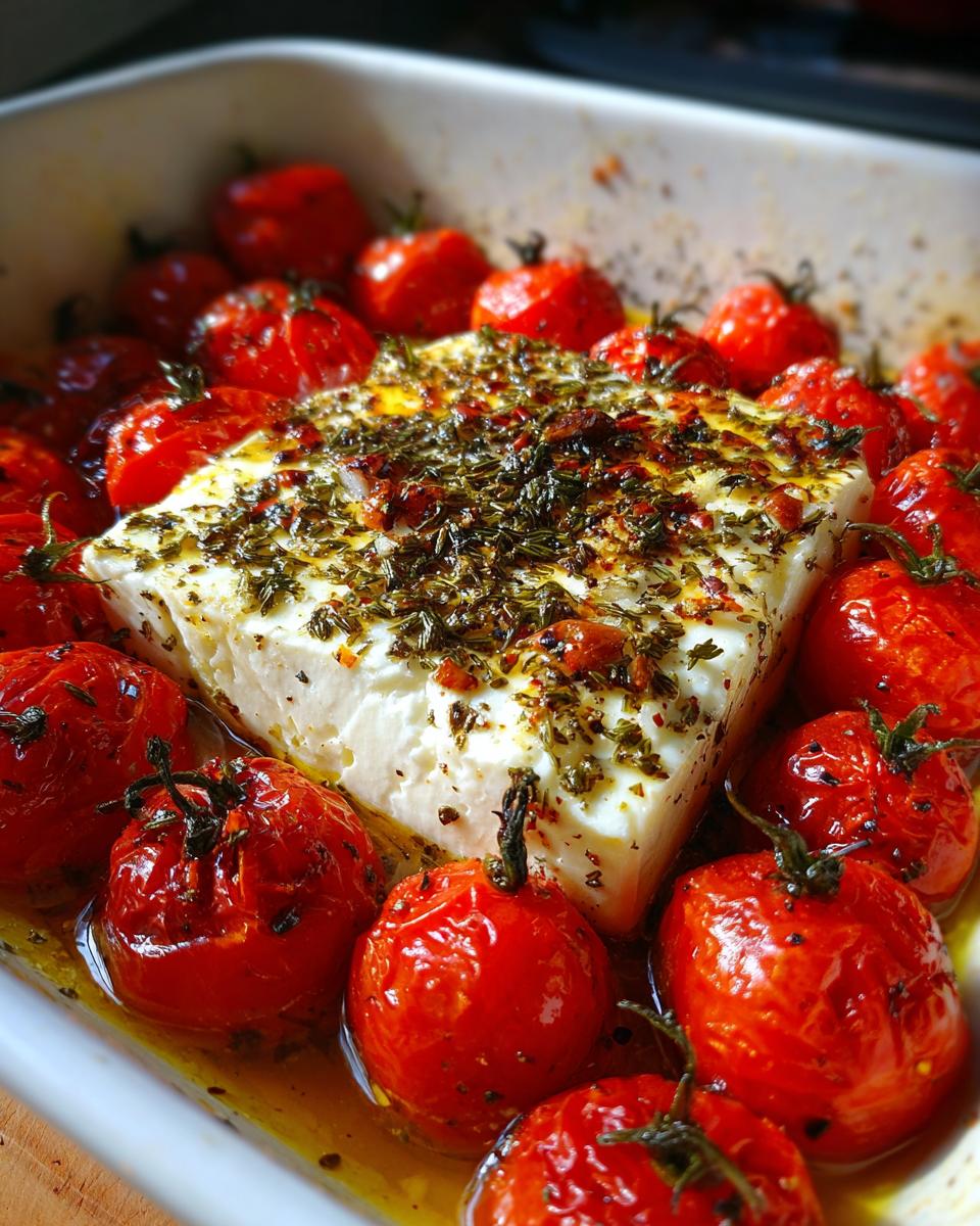 Close-up van een blok gebakken feta, omringd door geroosterde cherrytomaten, gekruid met oregano.