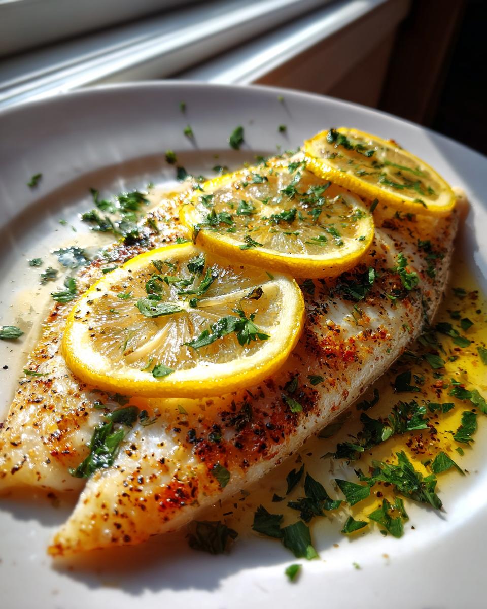 Geroosterde Tilapia in Mediterrane Stijl met schijfjes citroen en peterselie op een wit bord.