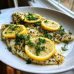 Twee filets van Mediterranean Style Baked Tilapia, gegarneerd met citroenschijfjes en verse peterselie.