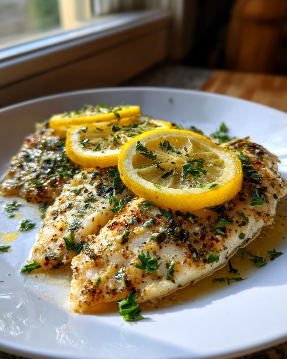 Drie stukken gebakken Mediterranean Style Baked Tilapia op een wit bord, gegarneerd met citroenschijfjes en verse peterselie.