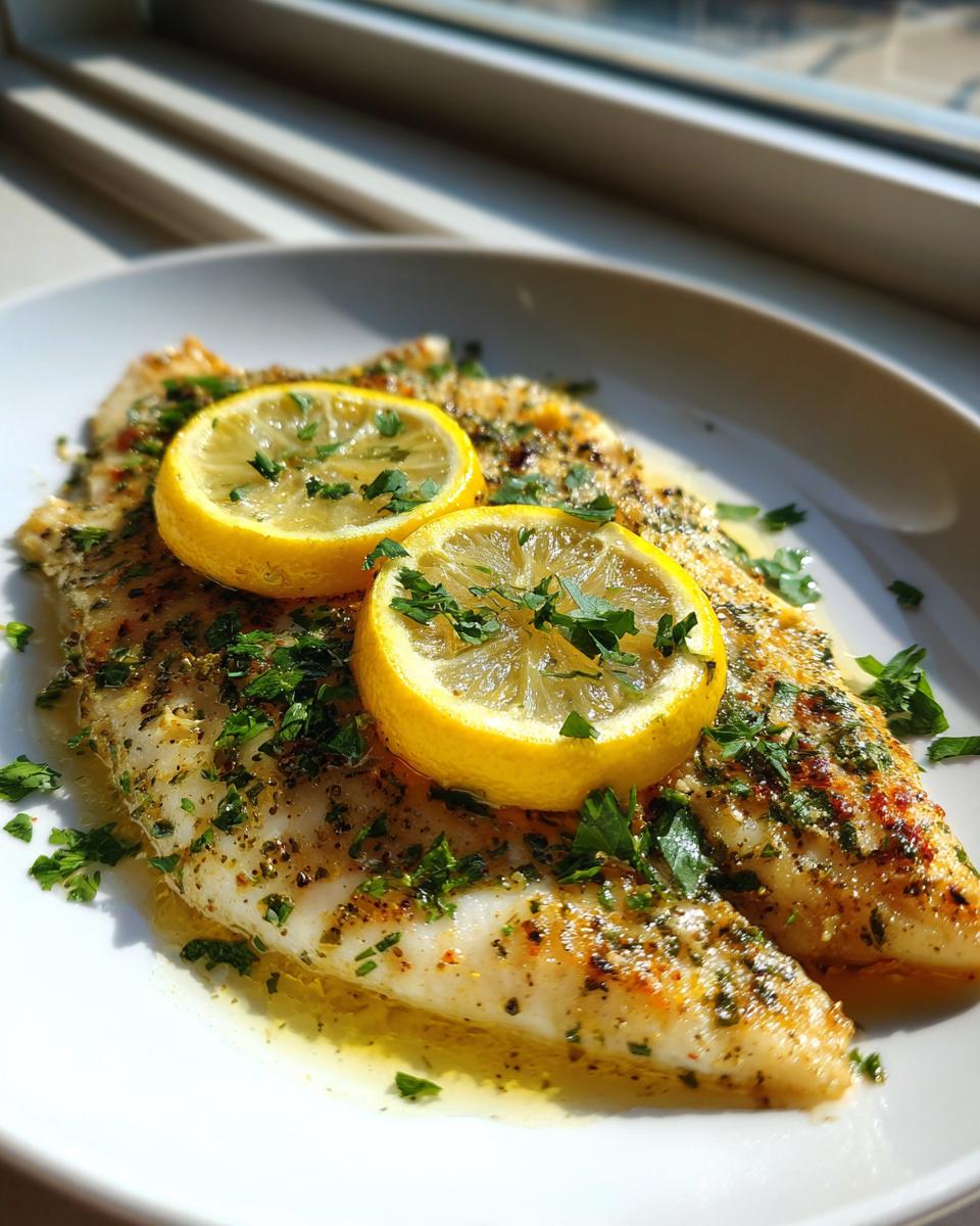 Twee filets van Mediterranean Style Baked Tilapia, gegarneerd met citroenschijfjes en verse peterselie.