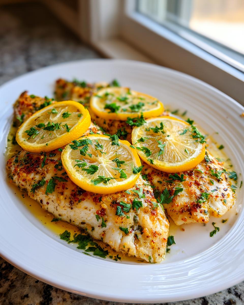 Drie stukken gebakken vis, Mediterranean Style Baked Tilapia, gegarneerd met citroenschijfjes en verse peterselie.