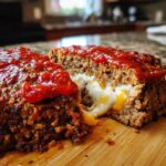Doorsnede van een Mozzarella Stuffed Crockpot Meatloaf met smeltende kaas en tomatensaus.