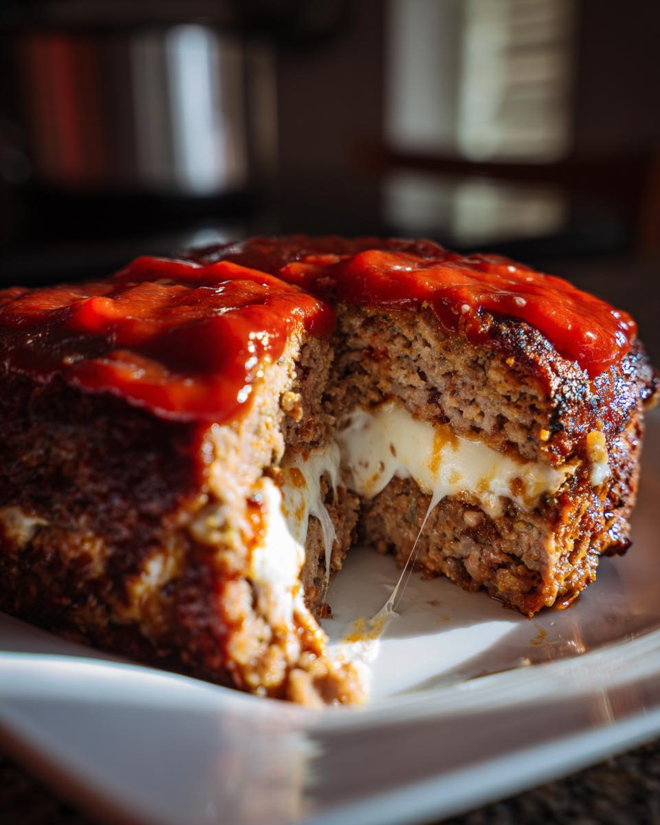 Doorsnede van een Mozzarella Stuffed Crockpot Meatloaf met smeu&iuml;ge, draderige gesmolten mozzarella en tomatensaus.