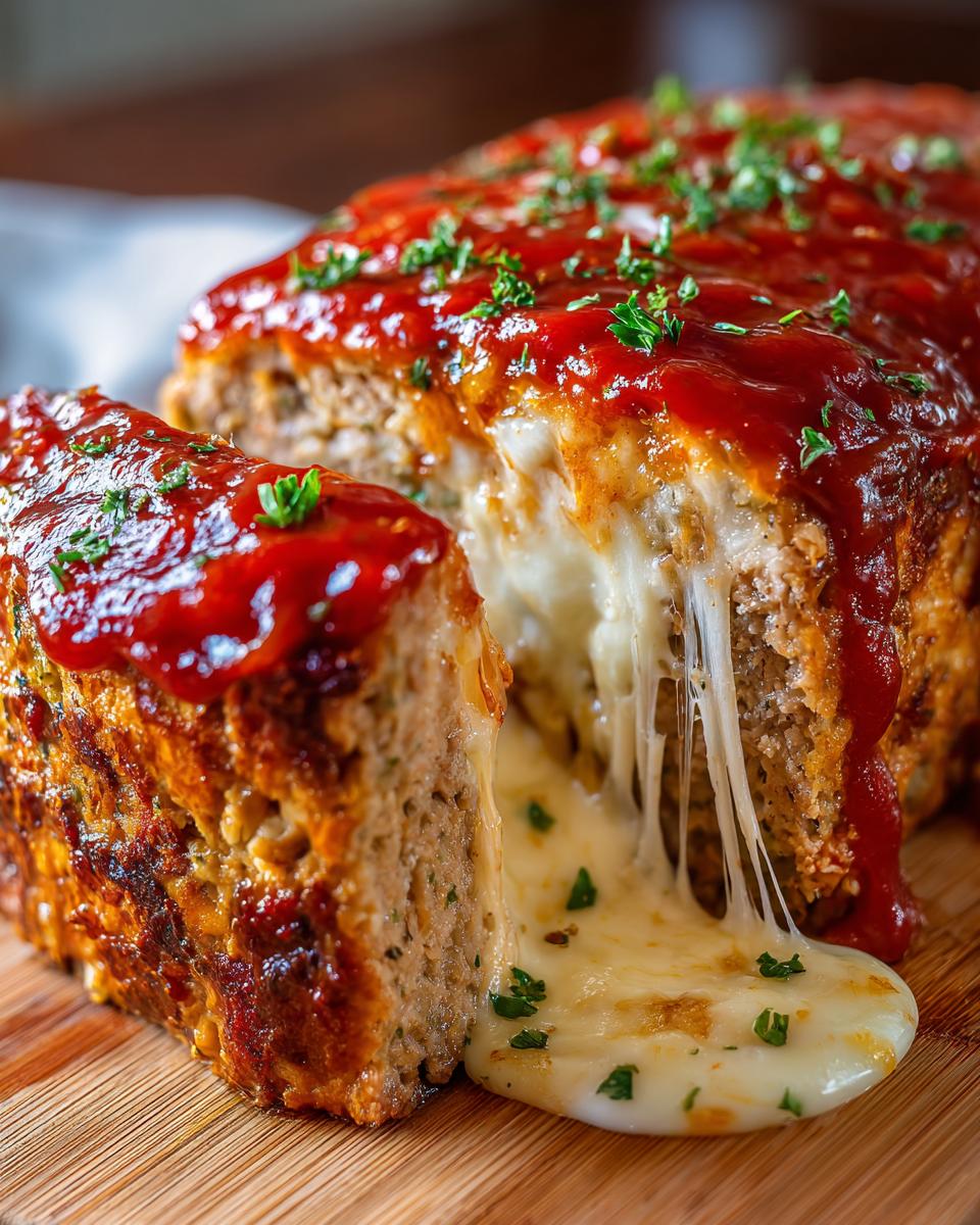 Een gesneden Mozzarella Stuffed Crockpot Meatloaf met een rijke tomatenglazuur en draden van gesmolten mozzarella.