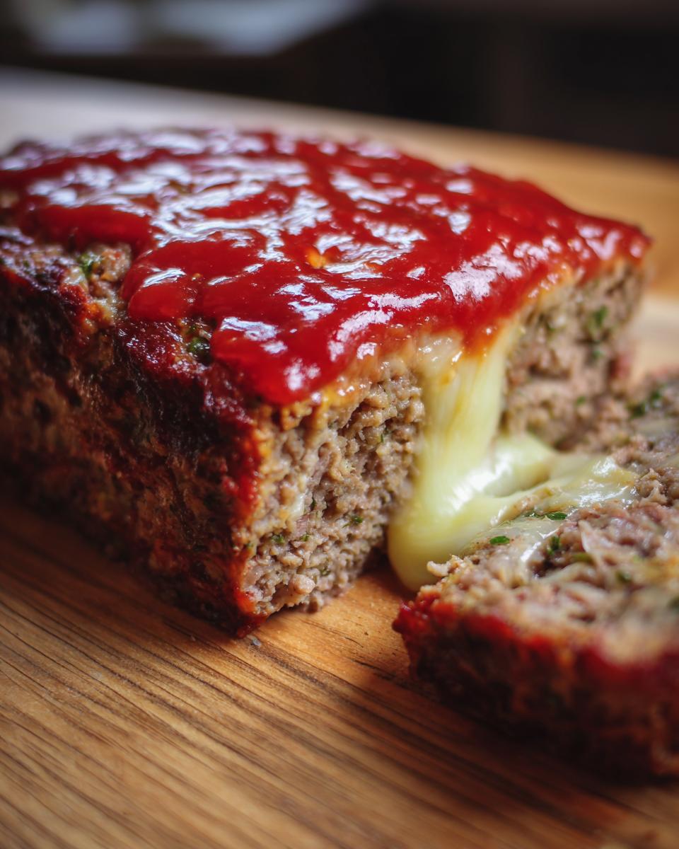 Close-up van een gesneden Mozzarella Stuffed Crockpot Meatloaf met gesmolten kaas die eruit loopt en een tomatenglazuur.