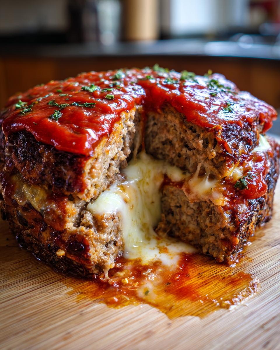Doorsnede van een Mozzarella Stuffed Crockpot Meatloaf met smeltende mozzarella en tomatensaus.