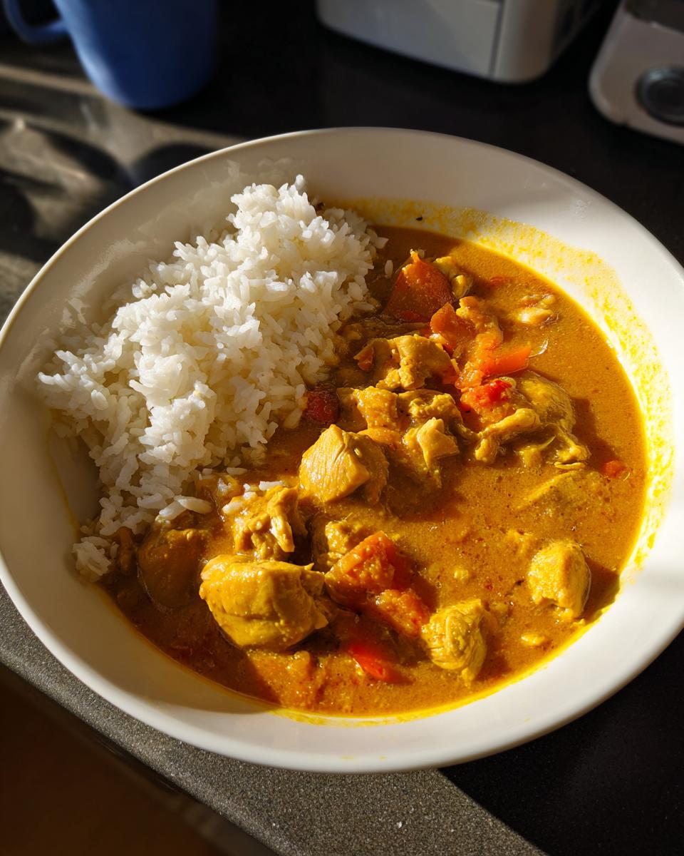 Een kom met heerlijke Mulligatawny Stew met stukjes kip en rijst, badend in zonlicht.