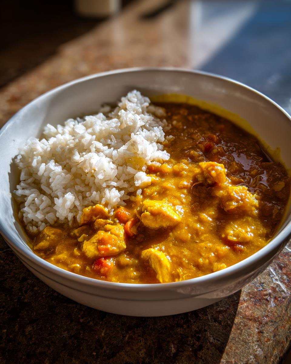 Een kom met gele Mulligatawny Stew en stukjes kip, geserveerd met witte rijst.