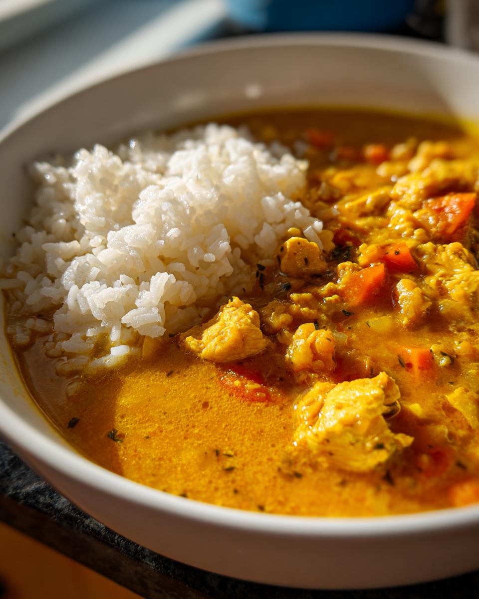 Close-up van een kom met gele Mulligatawny Stew, kip en wortelstukjes, geserveerd met witte rijst.