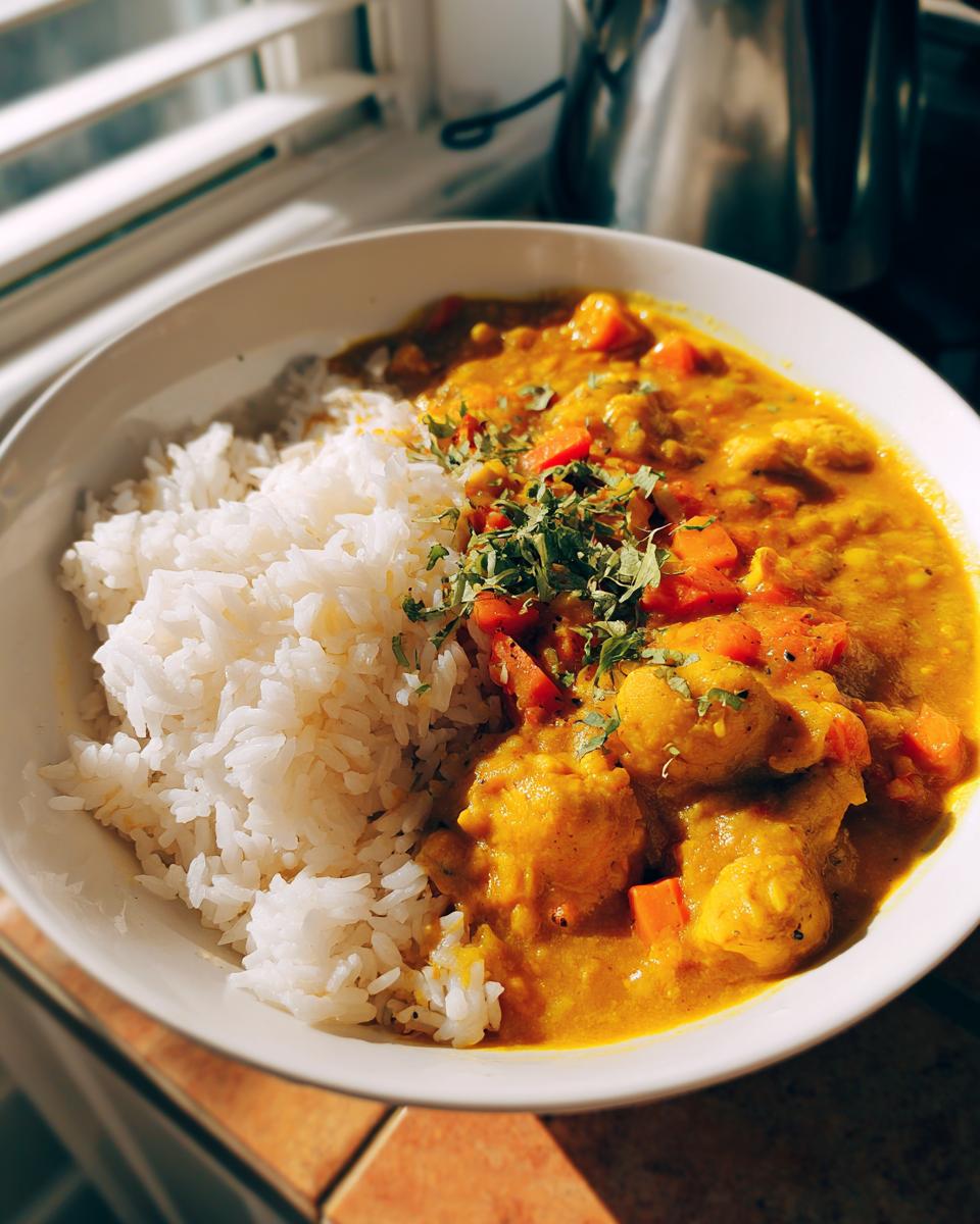 Een kom met gele Mulligatawny Stew geserveerd met witte rijst, gegarneerd met verse kruiden.