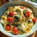 Romige One Pot Caprese Pasta Diner met geroosterde kerstomaten en mozzarella in een lichtblauwe kom.