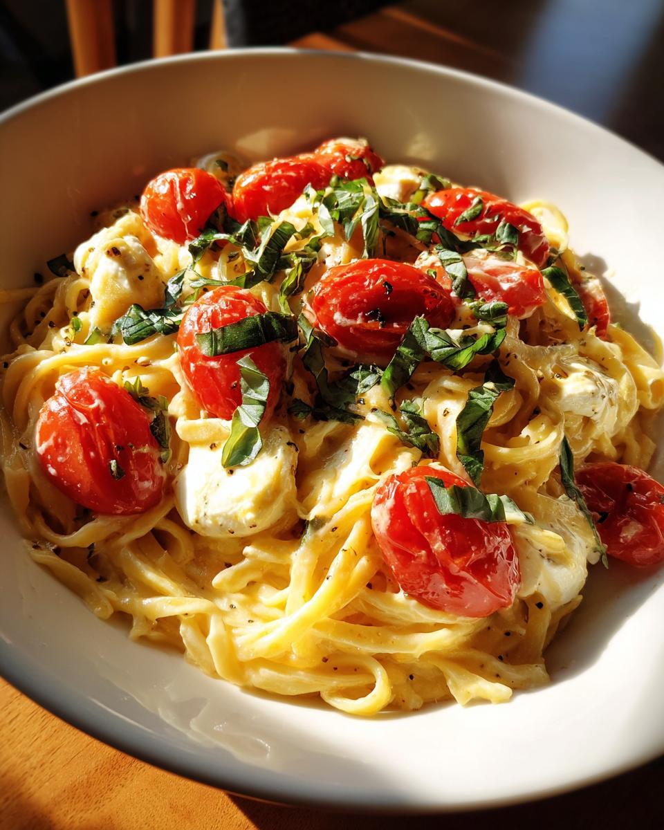 Close-up van romige One Pot Caprese Pasta Diner met cherrytomaten en basilicum.