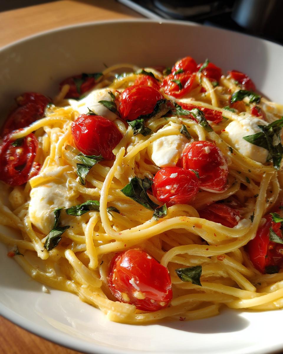 Close-up van een kom met romige One Pot Caprese Pasta Diner, gegarneerd met cherrytomaten en basilicum.