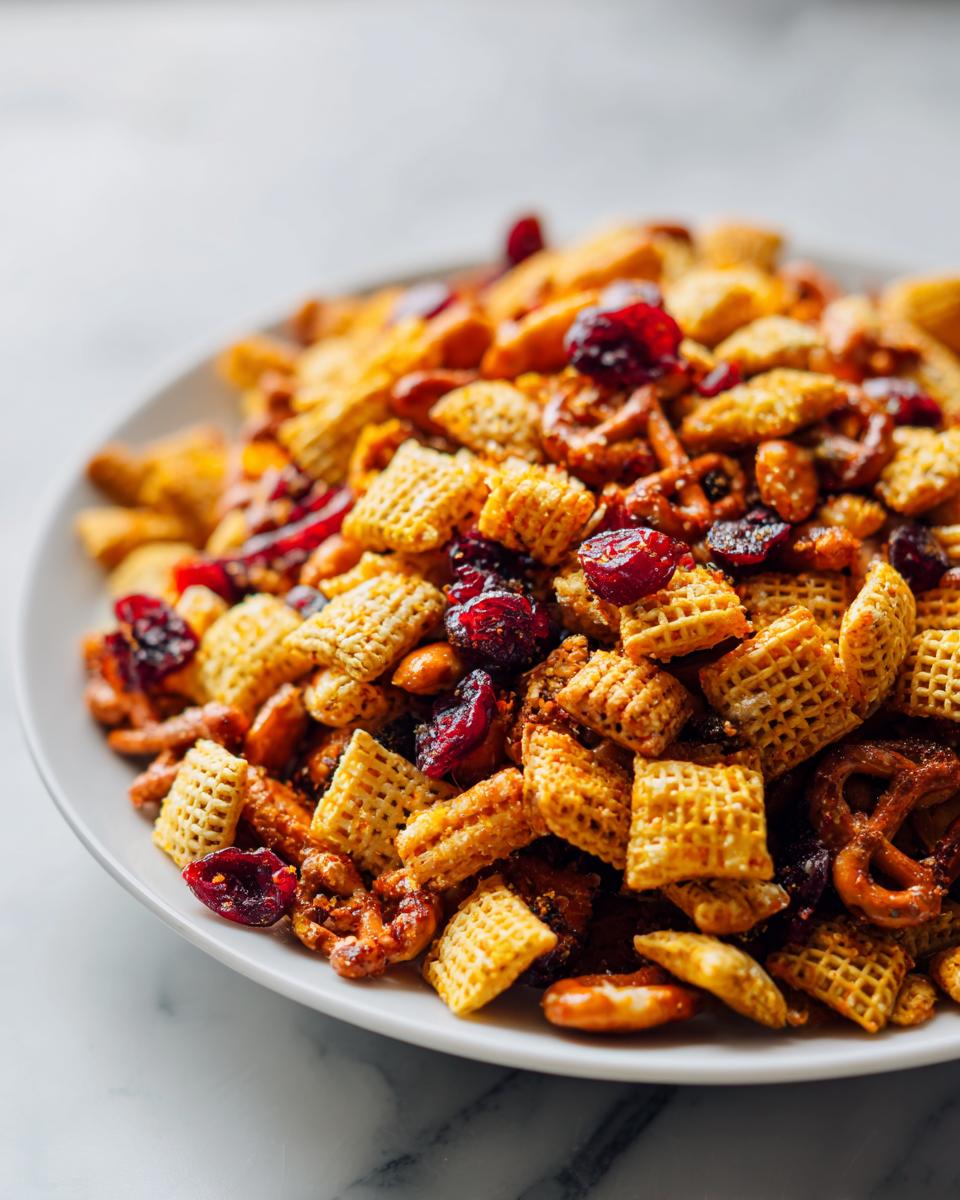 Close-up van een wit bord gevuld met knapperige Orange Cranberry Chex Mix, inclusief stukjes cranberry en pretzels.
