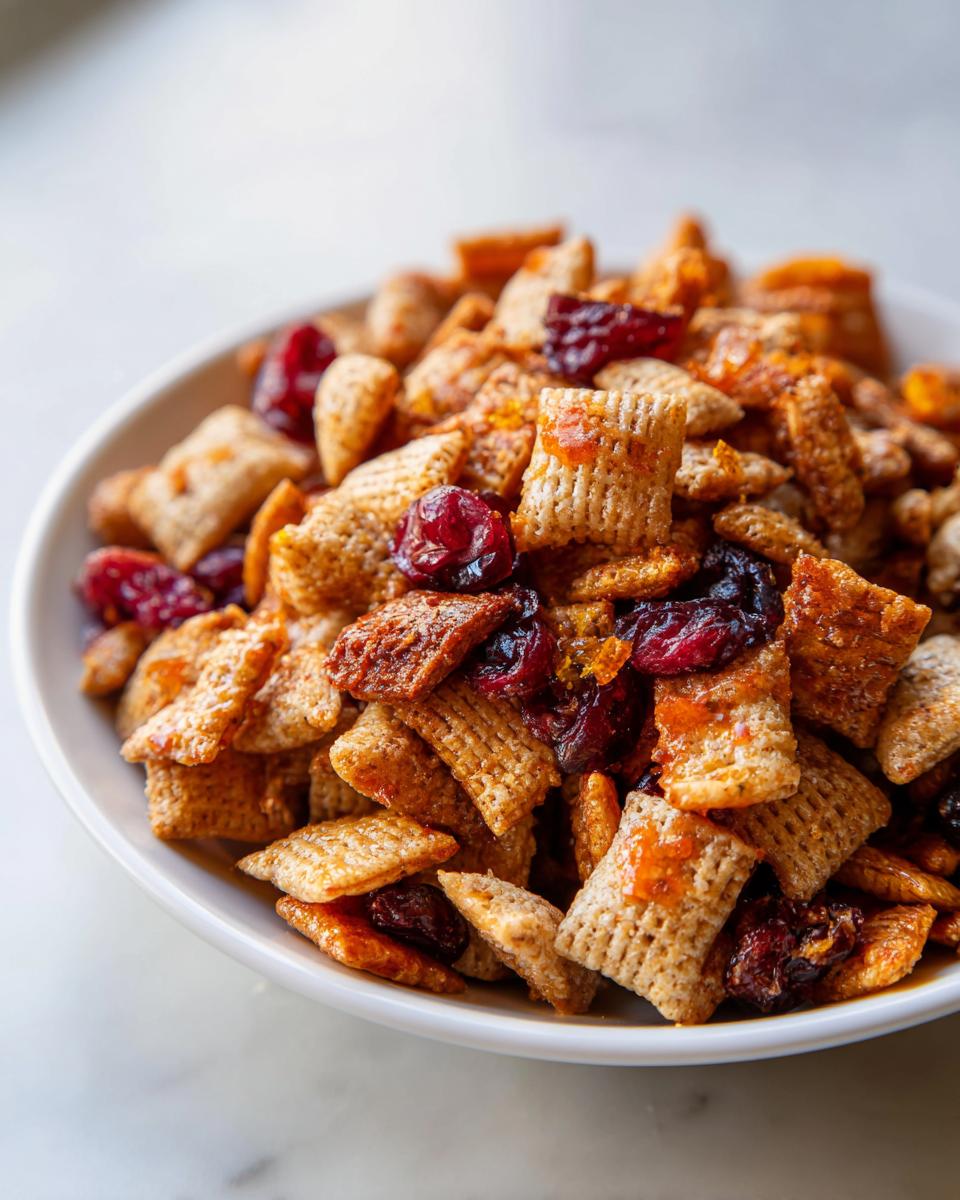 Close-up van een witte kom gevuld met knapperige Orange Cranberry Chex Mix, met zichtbare gedroogde veenbessen.