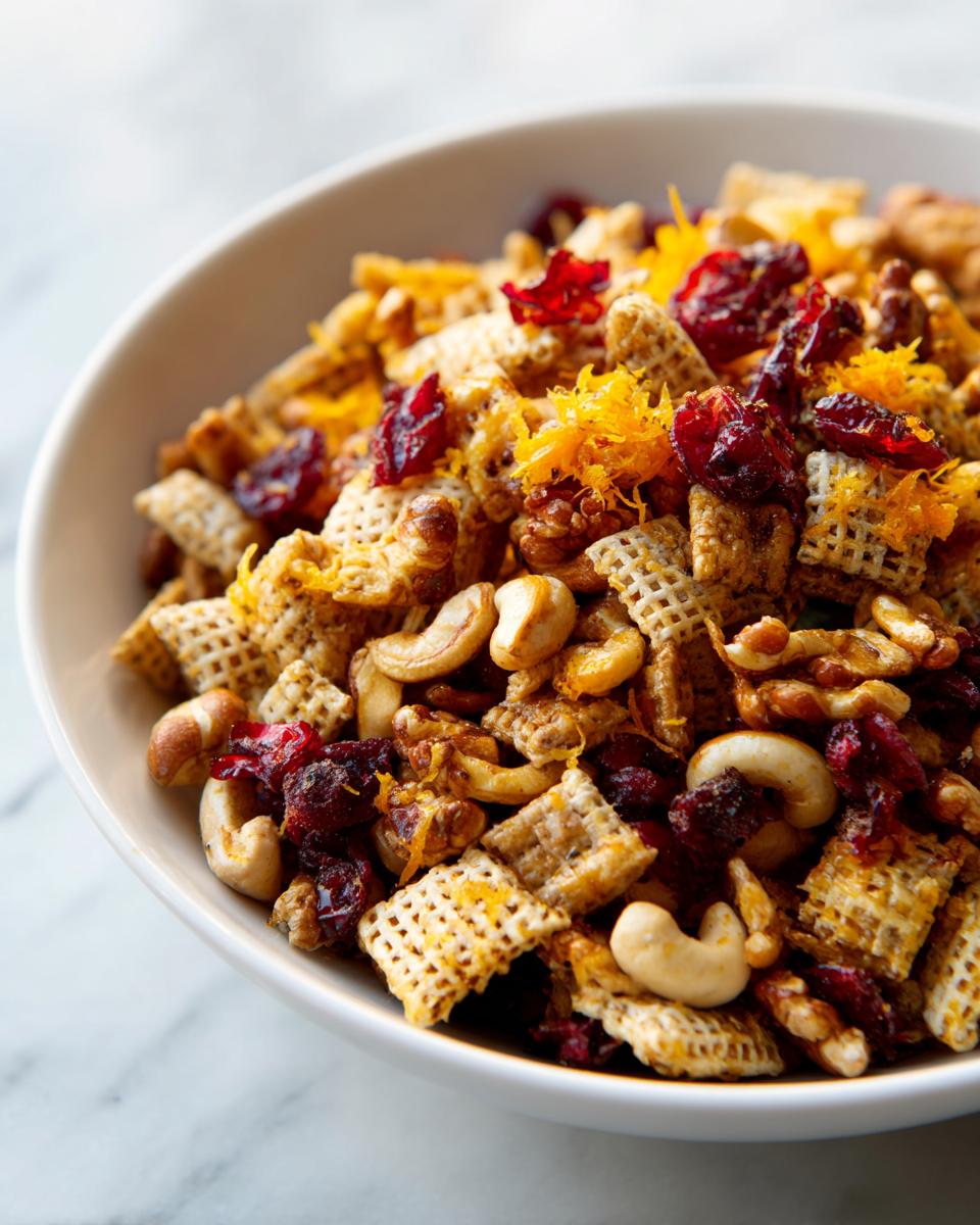 Close-up van de Orange Cranberry Chex Mix met stukjes cashewnoten, walnoten, gedroogde cranberry's en sinaasappelrasp.