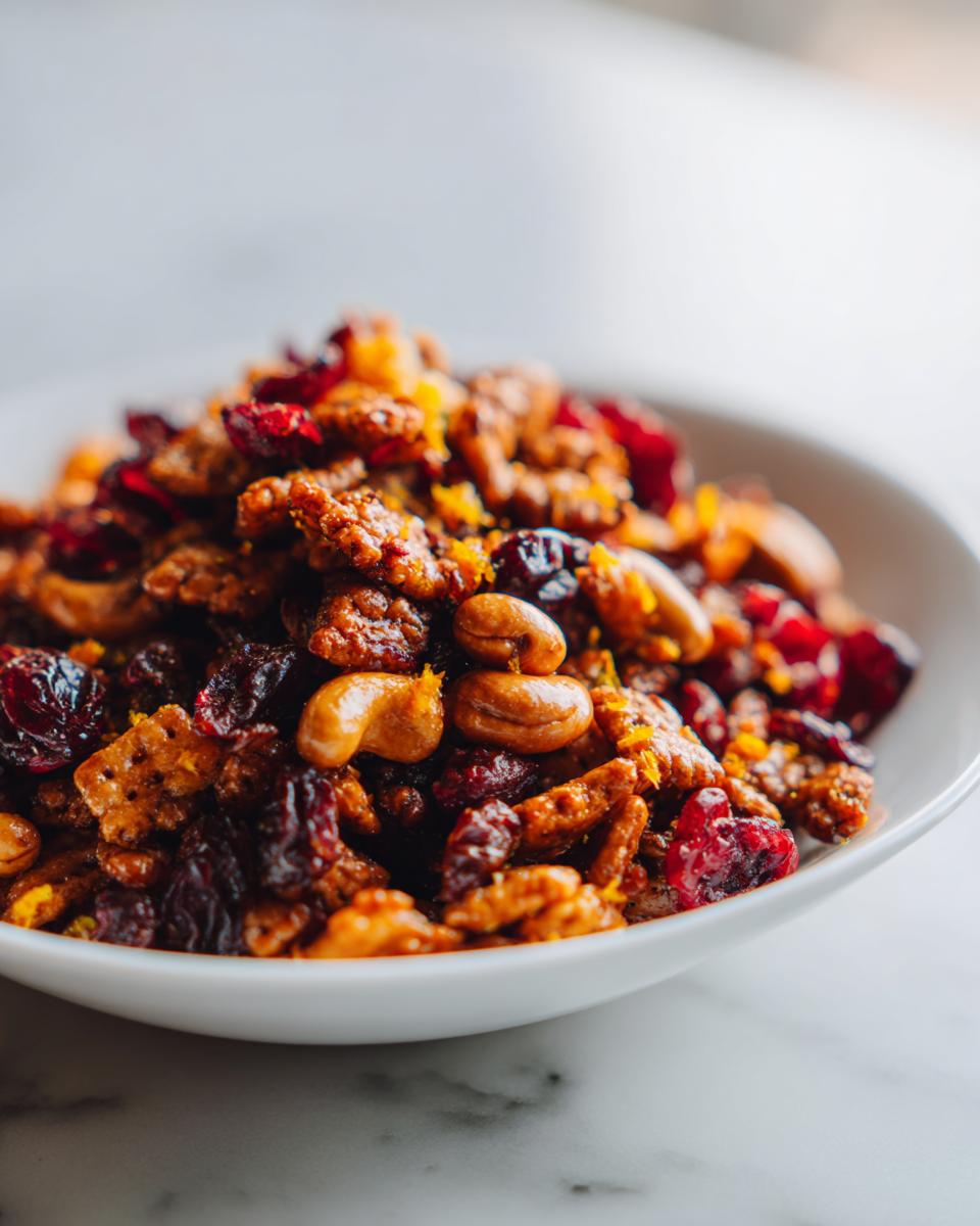 Een close-up van de heerlijke Orange Cranberry Chex Mix met cashewnoten, gedroogde cranberry's en oranjeschil.