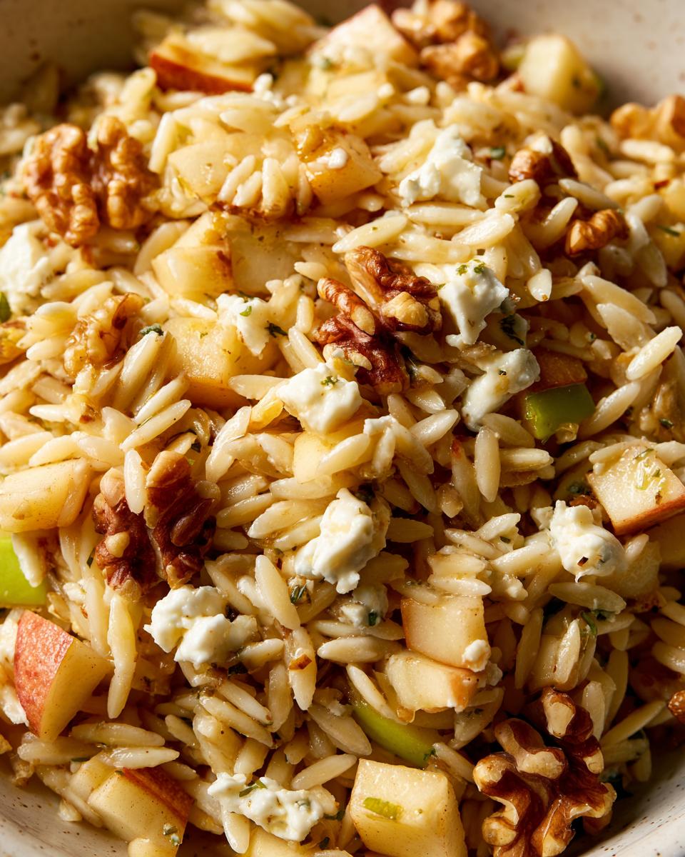 Close-up van een romige orzo salade met stukjes peer, walnoten en brokjes gorgonzola kaas.