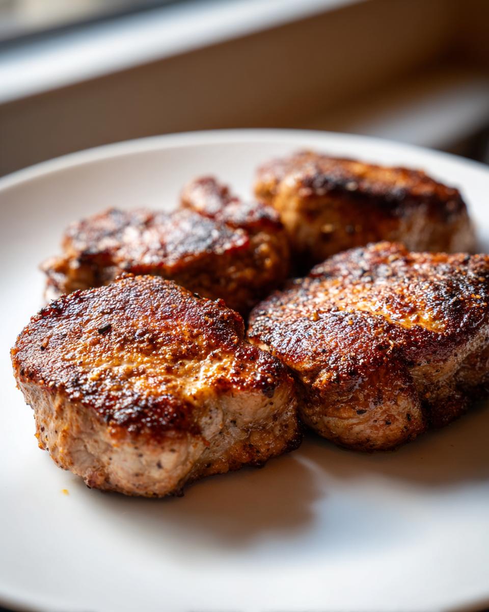 Close-up van vier goudbruine, gekruide Pan Seared Pork Medallions op een wit bord.