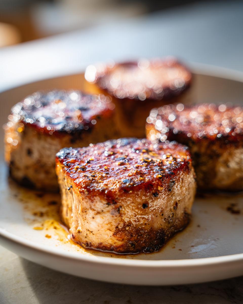 Close-up van vier perfect gebakken Pan Seared Pork Medallions met een gekruide, bruine korst op een wit bord.