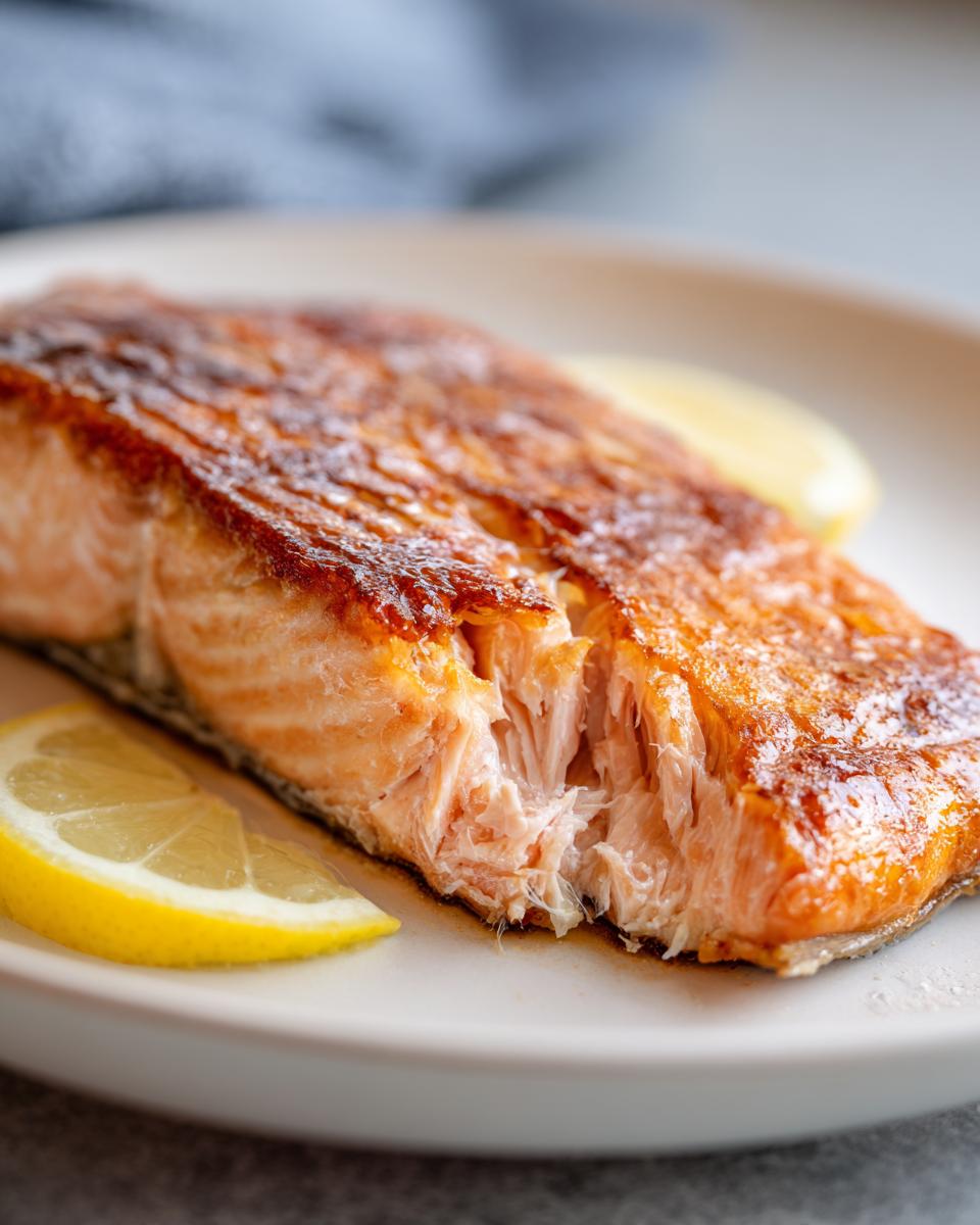 Close-up van een perfect gegaard stuk Pan Seared Salmon met een goudbruine, krokante huid en citroenschijfjes.