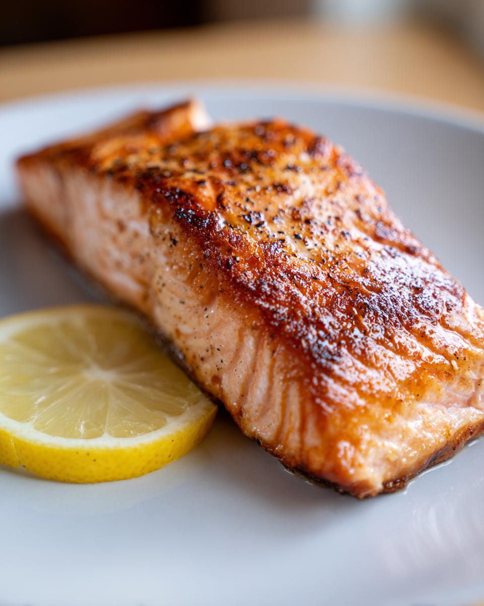 Goudbruin gebakken stuk Pan Seared Salmon met een schijfje citroen op een wit bord.