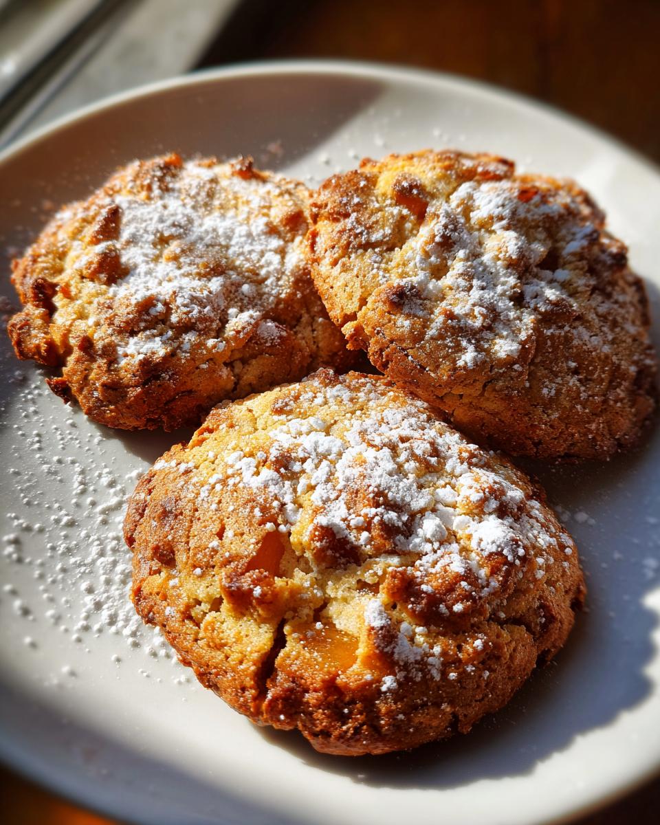 Drie goudbruine Peach Cookies, bestrooid met poedersuiker, op een licht bord.