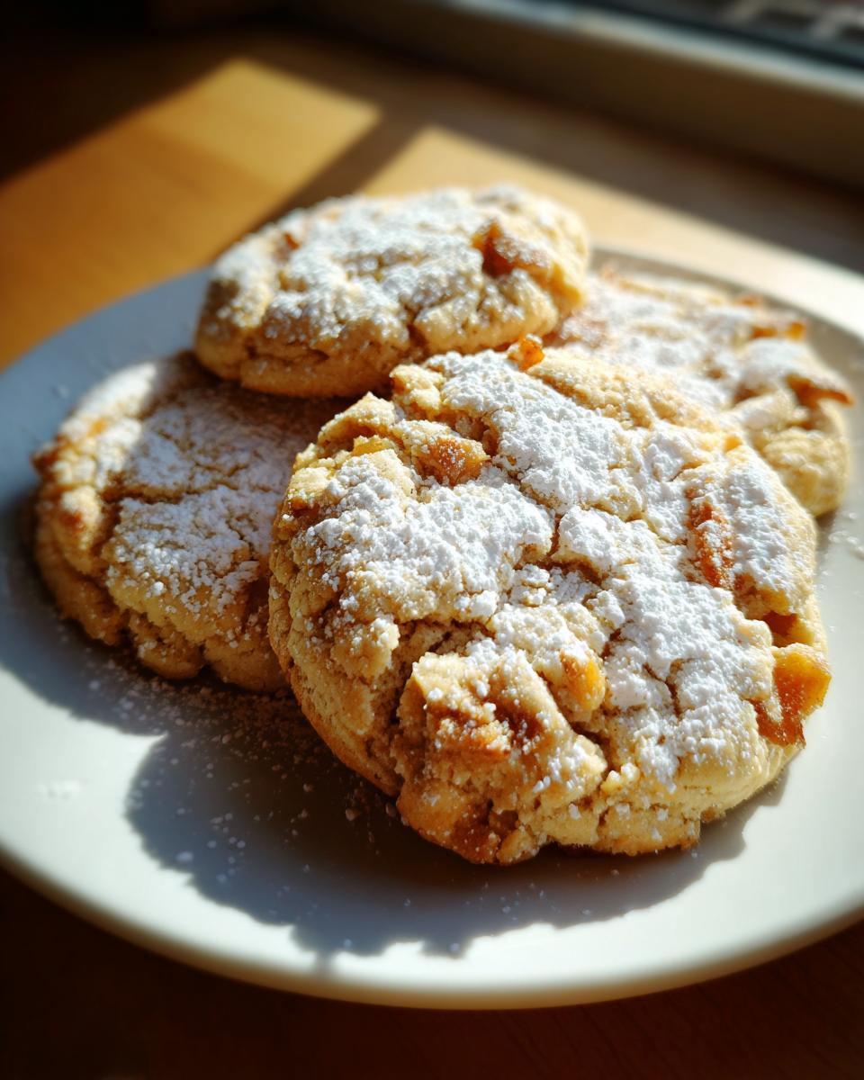 Drie verse Peach Cookies, rijkelijk bestrooid met poedersuiker, liggen op een wit bord in de zon.