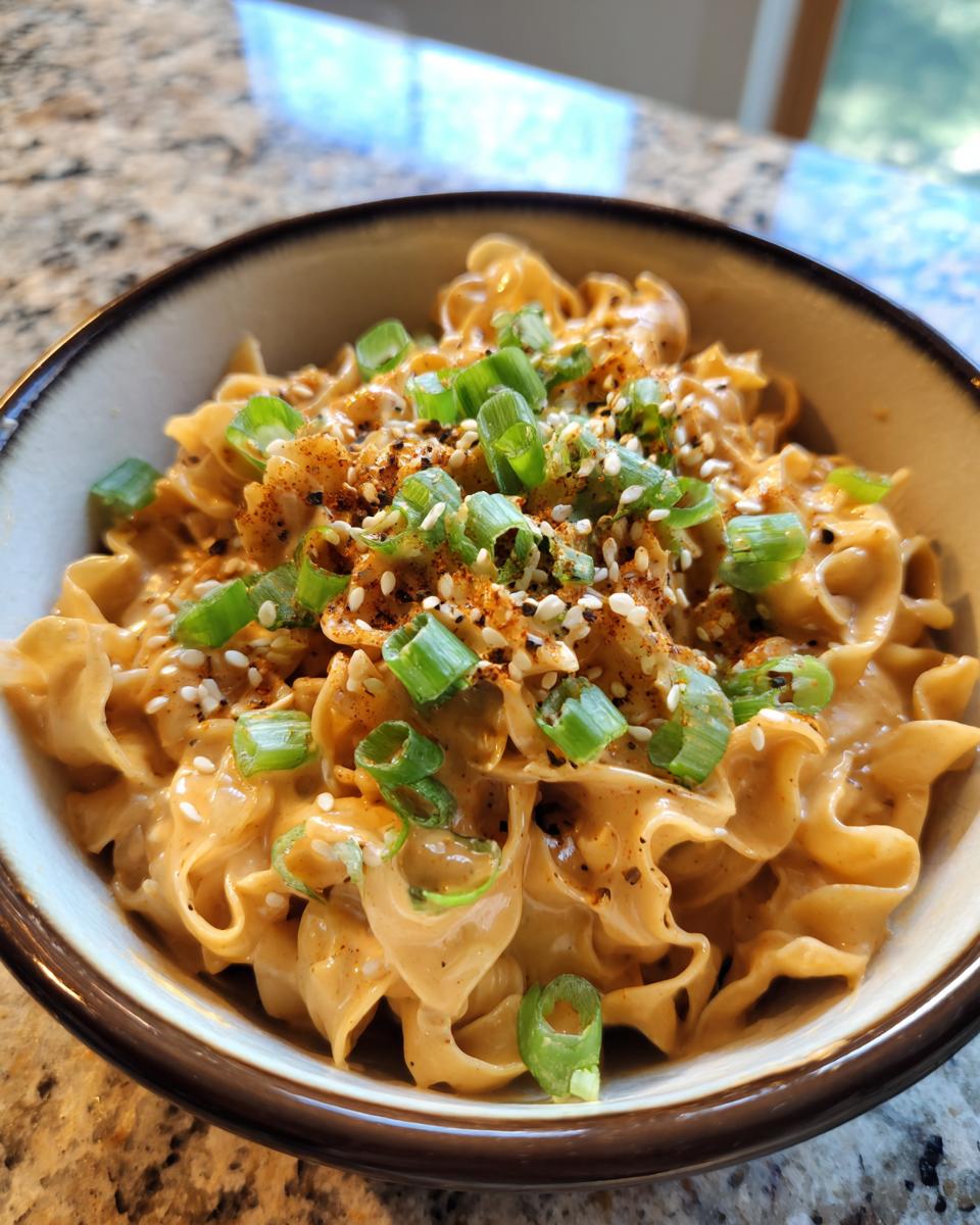 Close-up van romige Peanut Butter Ramen, gegarneerd met lente-ui en sesamzaadjes.
