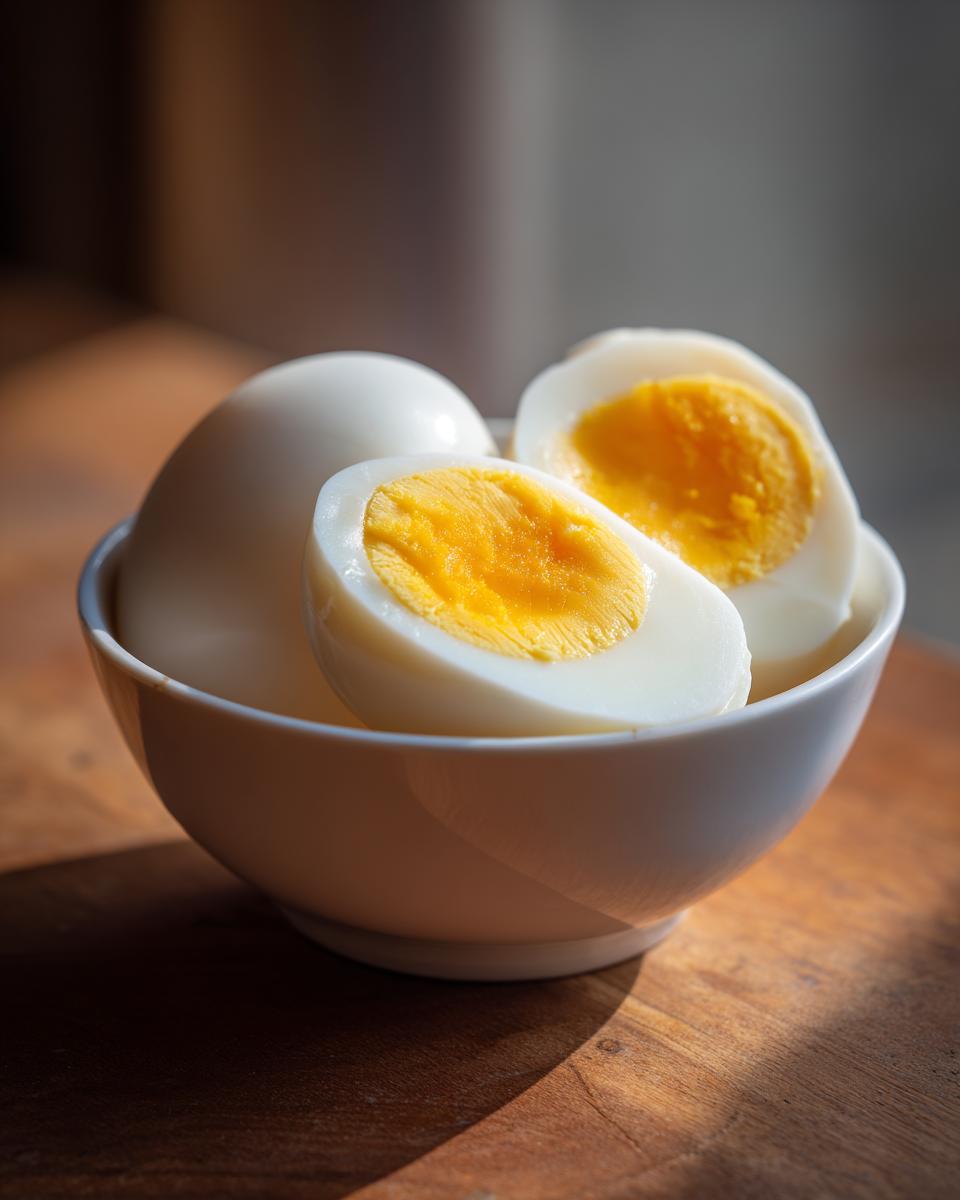 Twee gehalveerde perfect hard gekookte eieren met felgele dooiers in een witte kom.