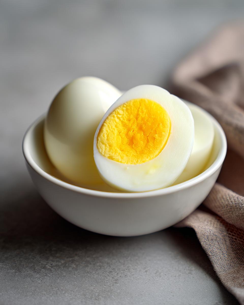 Een doorsnede van een perfect hardgekookt ei met een heldergele dooier, geserveerd in een wit kommetje met andere Perfect Hard Boiled Eggs.