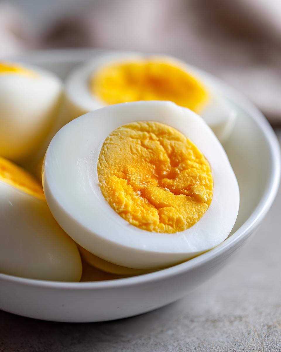 Close-up van een doormidden gesneden Perfect Hard Boiled Egg met een stevige, gele dooier in een witte kom.