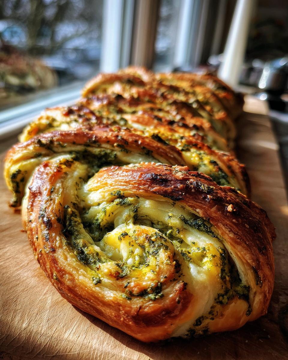 Close-up van een goudbruine Pesto Bladerdeeg Krans met zichtbare groene pesto vulling, liggend op een houten snijplank.