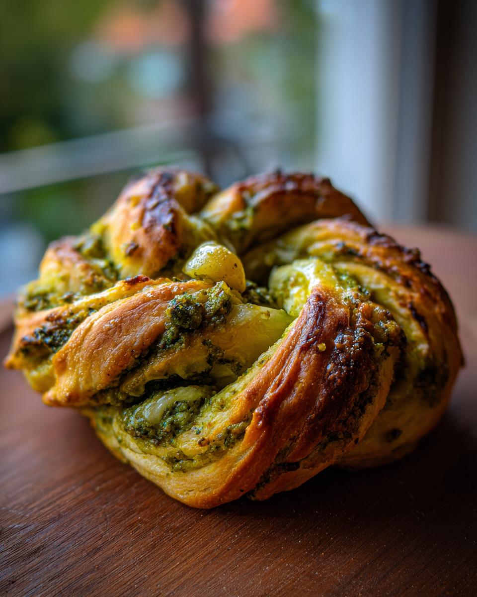 Close-up van een goudbruin gebakken stukje Pesto Bladerdeegkrans met zichtbare groene pesto vulling.