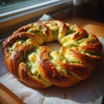 Een versgebakken, goudbruine Pesto Bladerdeegkrans met gesmolten kaas, liggend op bakpapier.