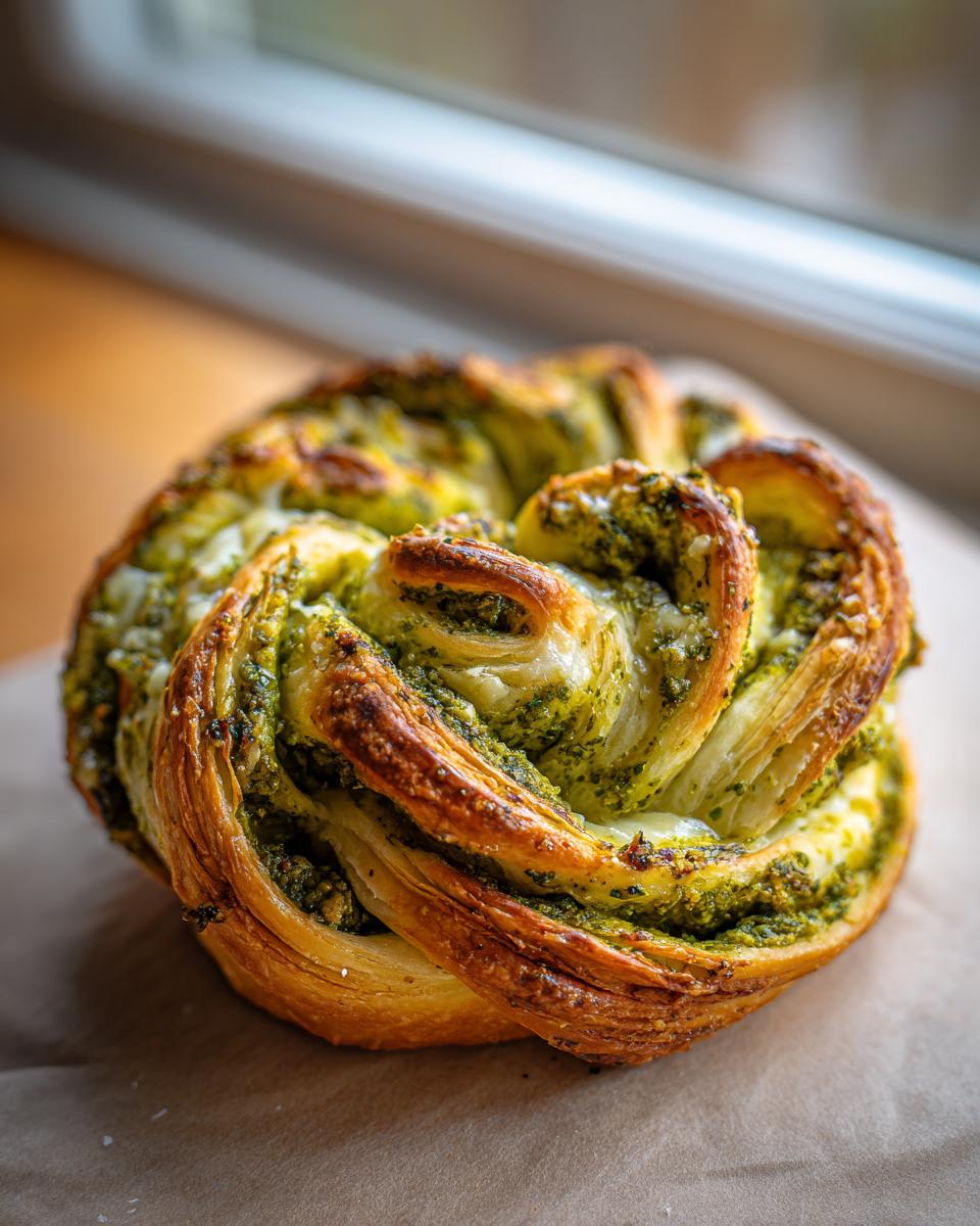 Close-up van een individueel gebakken Pesto Bladerdeeg Krans met goudbruine randen en groene pesto vulling.