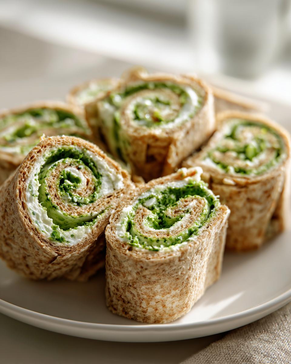 Close-up van gesneden Pinwheel Sandwiches met een spiraal van witte roomkaas en groene kruidenvulling.