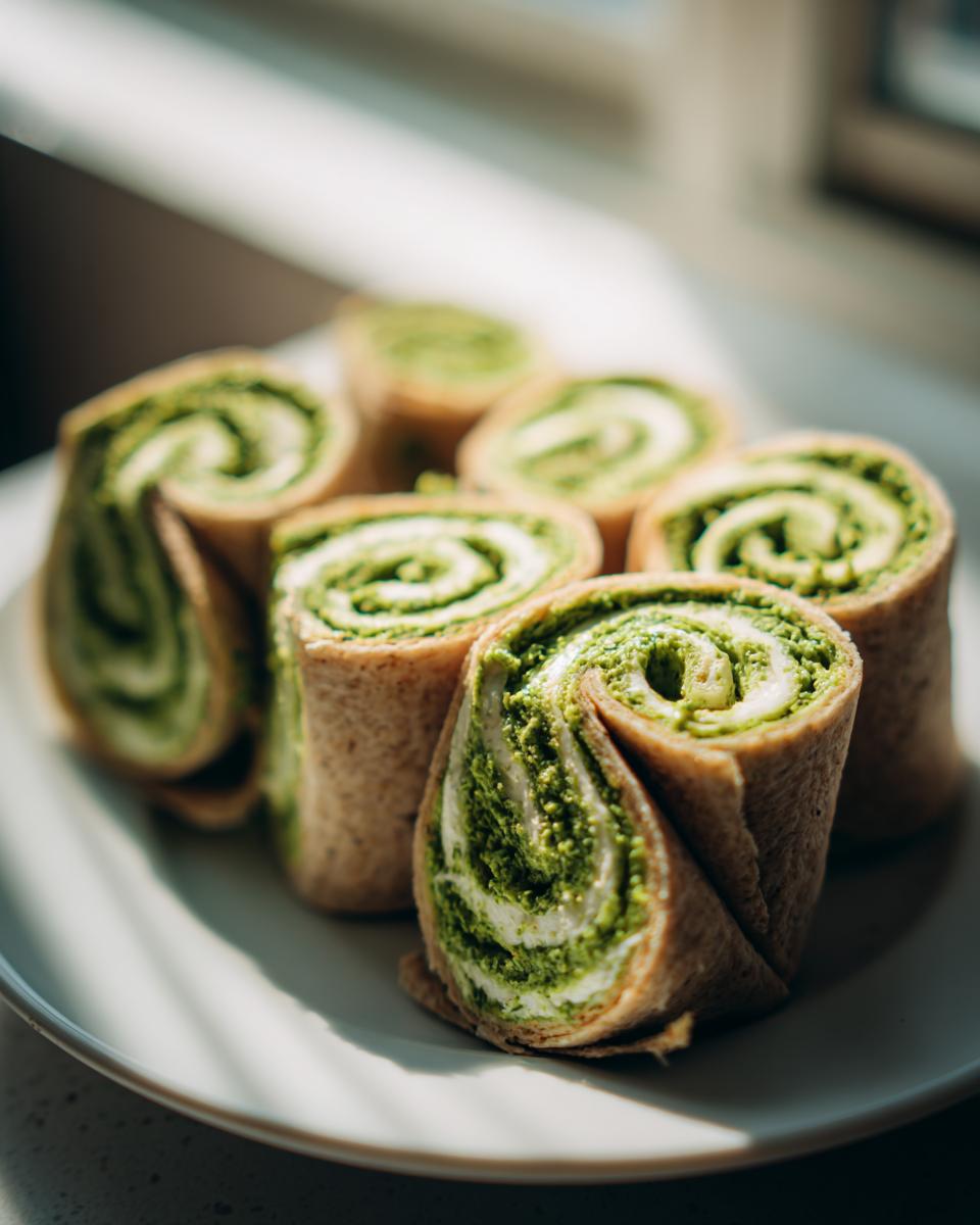 Close-up van gesneden Pinwheel Sandwiches met een groene vulling en roomkaas op een licht bord.