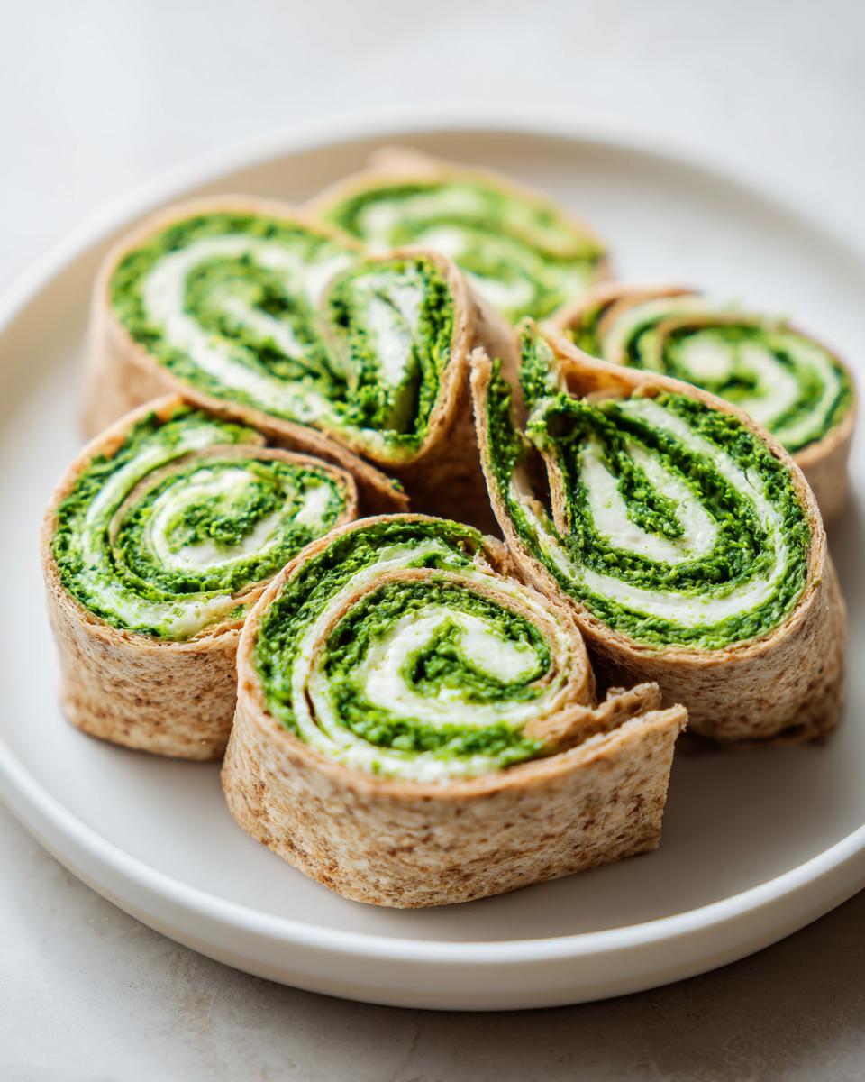 Close-up van gesneden Pinwheel Sandwiches met groene spinazie vulling en witte roomkaas op een wit bord.