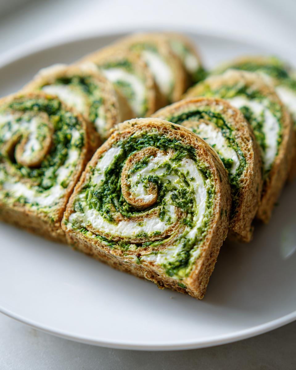 Close-up van gesneden Pinwheel Sandwiches met een spiraal van groene spinazie en witte roomkaas op een wit bord.