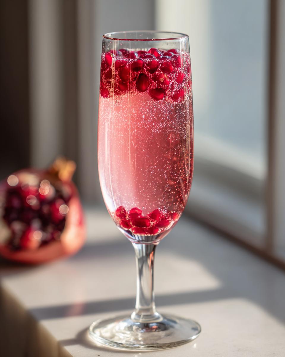 Een Pomegranate Mimosa met bubbels en granaatappelpitjes in een fl&ucirc;teglas.
