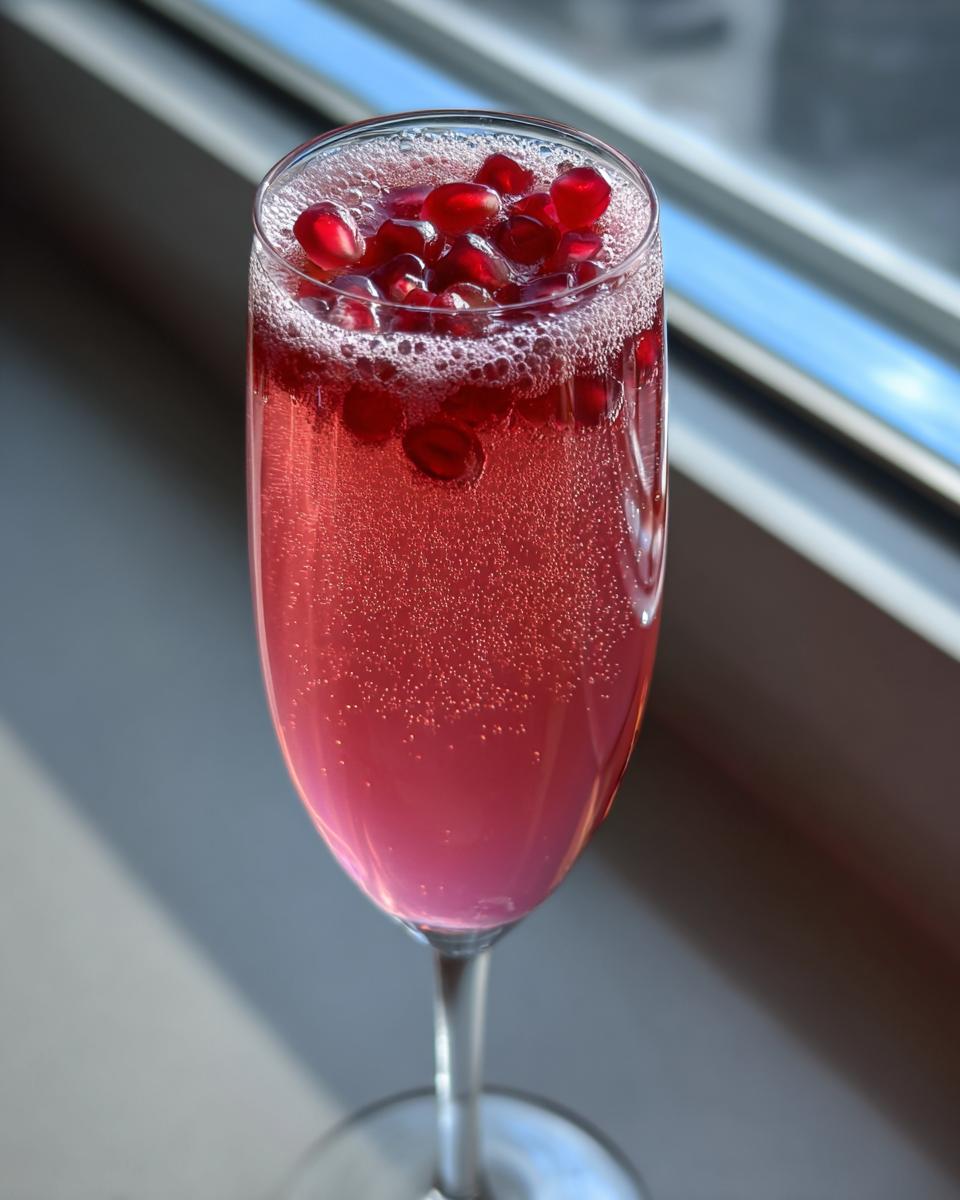 Close-up van een Pomegranate Mimosa in een fl&ucirc;teglas, gegarneerd met helderrode granaatappelpitjes.