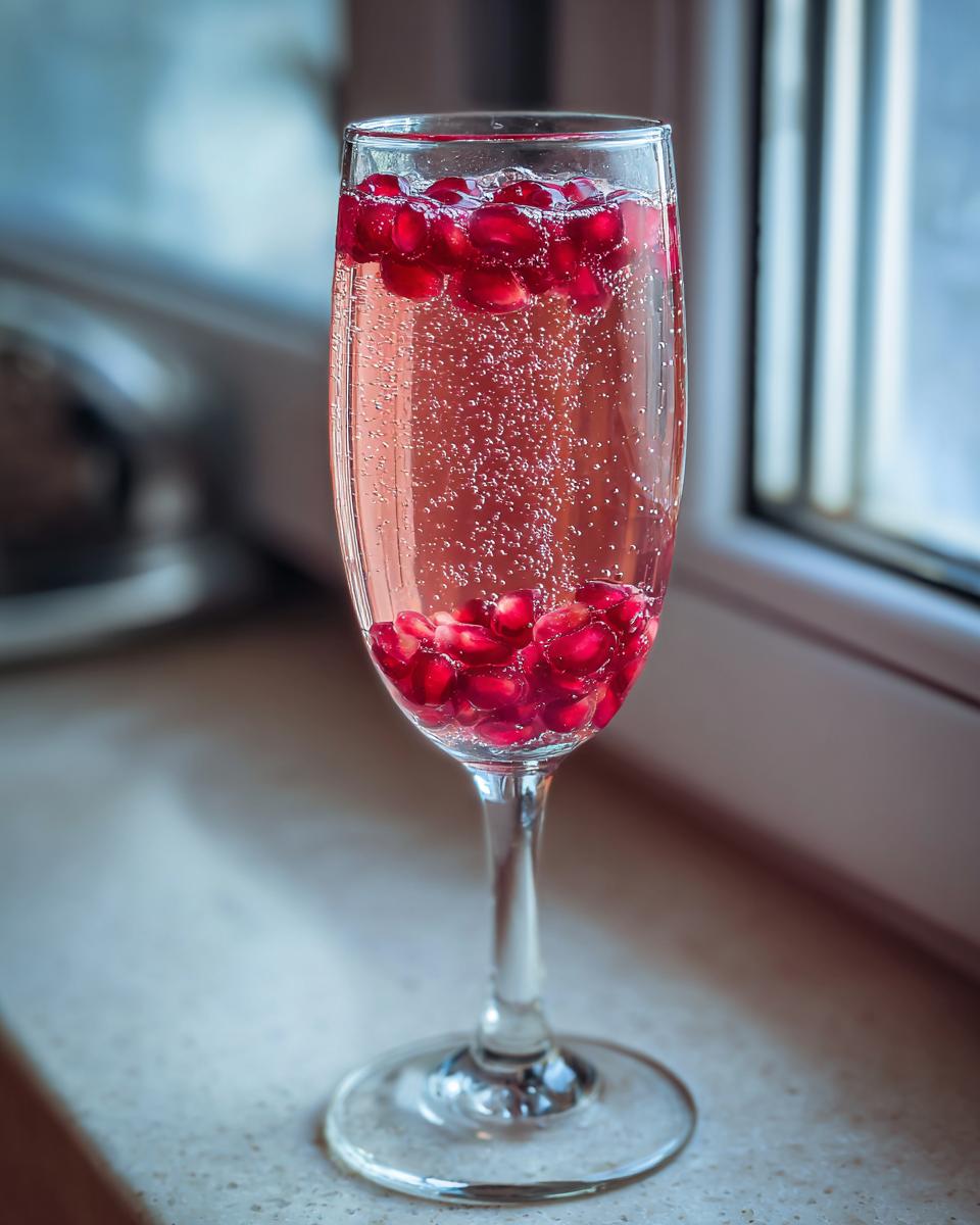 Een hoog champagneglas gevuld met een roze Pomegranate Mimosa, gegarneerd met helderrode granaatappelpitjes.
