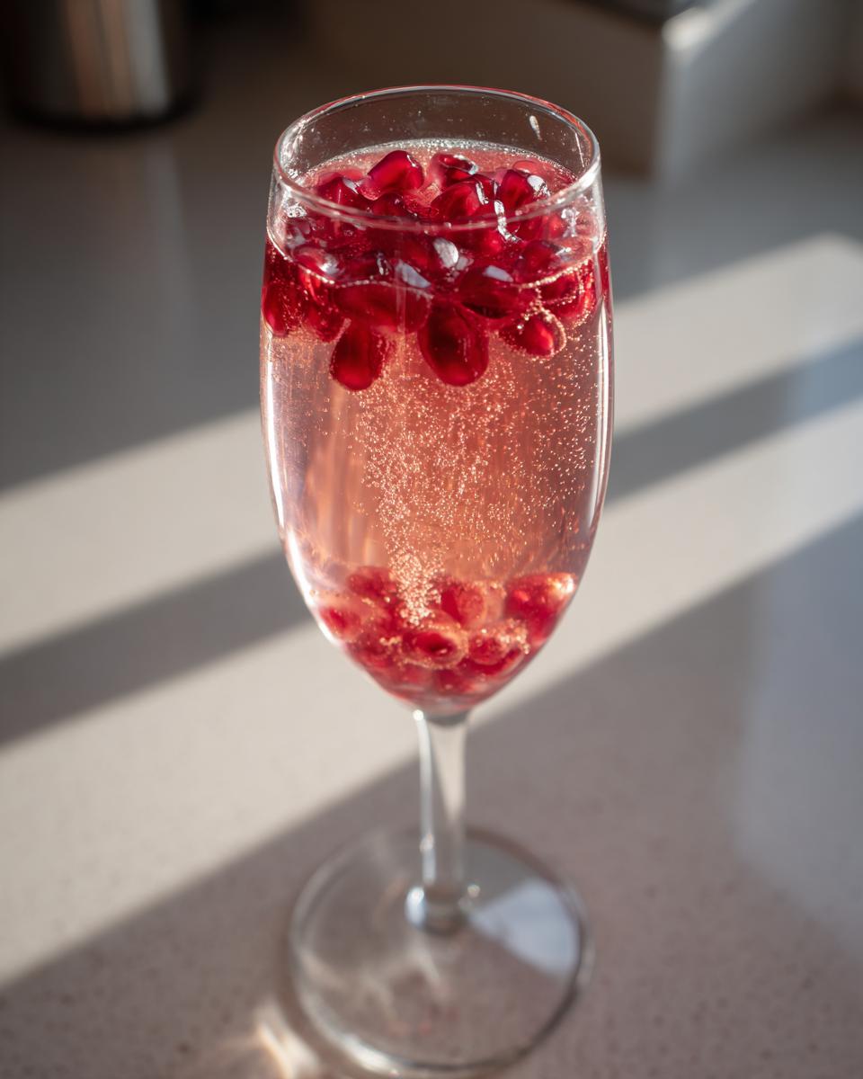 Een glas Pomegranate Mimosa met bubbels en drijvende, helderrode granaatappelpitjes.